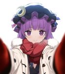 1girl black_headwear coat crescent crescent_hat_ornament hat_ornament hug looking_at_viewer lw_og3 mittens patchouli_knowledge pov purple_hair red_mittens red_scarf scarf smile solo touhou violet_eyes white_background white_coat winter_clothes winter_coat 