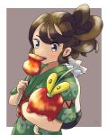  1girl absurdres apple border candy_apple commentary dipplin eating food fruit grey_background highres holding holding_food juliana_(pokemon) pokemon pokemon_(creature) pokemon_sv symbol-only_commentary upper_body white_border worm yu_(pocketsun636) 