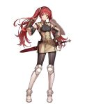  1girl arm_shield black_leggings breasts fire_emblem fire_emblem_awakening fire_emblem_heroes highres leggings long_hair medium_breasts non-web_source red_eyes redhead severa_(fire_emblem) sheath solo sword twintails weapon 