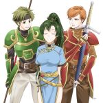  1girl 2boys absurdres armor black_hairband breastplate breasts brown_eyes closed_eyes commentary_request fire_emblem fire_emblem:_the_blazing_blade gold_trim green_armor green_eyes hairband high_ponytail highres holding holding_sword holding_weapon kent_(fire_emblem) lyn_(fire_emblem) midori_no_baku multiple_boys parted_bangs red_armor sain_(fire_emblem) shoulder_armor simple_background smile sword teeth weapon white_background 