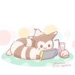  :3 animal_focus artist_name asakoline black_eyes brown_fur commentary_request cup drinking_straw food fruit furret glass nintendo_switch no_humans peach pokemon pokemon_(creature) tail two-tone_fur white_background white_fur 