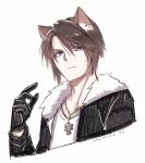  1boy animal_ears black_gloves black_jacket blue_eyes brown_hair cat_boy cat_ears chain_necklace commentary_request cropped_shoulders dated final_fantasy final_fantasy_viii fur-trimmed_jacket fur_trim gloves hand_up hiryuu_(kana_h) jacket jewelry light_frown long_sleeves male_focus necklace open_clothes open_jacket pointing pointing_at_self scar scar_on_face shirt short_hair simple_background solo squall_leonhart sweatdrop v-neck white_background white_shirt 