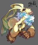  1other belt belt_buckle black_belt body_fur brown_fur brown_gloves buckle closed_mouth digimon digimon_(creature) floppy_ears furry gloves grey_background highres orange_eyes simple_background solo symbareangoramon white_fur yellow_fur yellow_tail youzaiyouzai112 