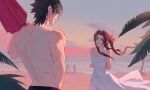  1girl 3boys aerith_gainsborough arms_behind_back bald beach beach_umbrella black_hair black_male_swimwear brown_hair carrying carrying_over_shoulder chasing chinese_commentary clouds cloudy_sky cluck_gugu commentary crisis_core_final_fantasy_vii dress facing_away final_fantasy final_fantasy_vii green_eyes hair_ribbon hand_on_own_hip highres holding holding_beach_umbrella holding_innertube innertube light_smile long_hair low_ponytail male_swimwear multicolored_sky multiple_boys muscular muscular_male ocean outstretched_arms over_shoulder palm_leaf palm_tree parted_bangs parted_lips pink_ribbon ponytail red_sky redhead reno_(ff7) ribbon rude_(ff7) running short_hair sidelocks sky standing sundress sunglasses sunset swim_briefs swim_trunks topless_male tree twilight umbrella water wavy_hair white_dress wind zack_fair 