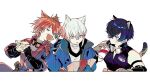  3boys animal_ears aosta_(arknights) arknights bare_shoulders black_gloves blue_hair blue_jacket blue_shirt broca_(arknights) brown_gloves burger cat_boy cat_ears chiave_(arknights) closed_eyes cropped_torso drink drinking eating fang feeding fingerless_gloves food french_fries gloves goggles goggles_around_neck holding holding_drink holding_food holding_map ieiieiiei jacket leopard_boy leopard_tail looking_down map multiple_boys open_mouth reading red_eyes red_jacket redhead shirt short_hair simple_background skin_fang tail upper_body white_background white_hair white_shirt 