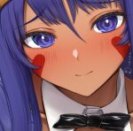  1girl blush bow bowtie closed_mouth dark-skinned_female dark_skin detached_collar facepaint facial_mark fate/grand_order fate_(series) hairband long_hair looking_at_viewer nitocris_(fate) particle_sfs purple_hair sidelocks solo violet_eyes 