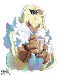  1other belt belt_buckle black_belt body_fur brown_fur brown_gloves bubble_tea buckle cup digimon digimon_(creature) disposable_cup drinking_straw floppy_ears furry gloves highres holding holding_cup orange_eyes simple_background solo symbareangoramon tongue tongue_out white_background white_fur yellow_fur youzaiyouzai112 