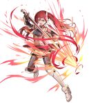  1girl arm_shield attack black_leggings breasts fire_emblem fire_emblem_awakening fire_emblem_heroes highres holding holding_sword holding_weapon leggings long_hair medium_breasts non-web_source open_mouth red_eyes redhead severa_(fire_emblem) sheath solo sword teeth twintails upper_teeth_only weapon 