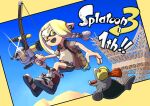  1girl anniversary backpack bag bike_shorts blonde_hair bow_(weapon) brown_bag commentary_request copyright_name glint highres holding holding_bow_(weapon) holding_weapon inkling inkling_girl jumping long_hair open_mouth pointy_ears shirt shoes smallfry_(splatoon) splatoon_(series) splatoon_3 tri-stringer_(splatoon) weapon white_shirt xdies_ds yellow_eyes 