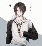  1boy annoyed black_jacket blue_eyes brown_hair chain_necklace commentary_request cropped_torso dated final_fantasy final_fantasy_viii fur-trimmed_jacket fur_trim grey_background hand_on_own_chest hand_up hiryuu_(kana_h) jacket jewelry looking_to_the_side male_focus necklace off_shoulder open_clothes open_jacket scar scar_on_face shirt short_hair signature simple_background single_off_shoulder solo squall_leonhart translation_request v-neck white_background white_shirt 