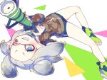  1girl bamboozler_14_(splatoon) bike_shorts blue_eyes brown_jacket facial_mark full_body green_footwear grey_hair gun holding holding_gun holding_weapon inkling inkling_girl inuowour jacket medium_hair one_eye_closed open_mouth solo splatoon_(series) tentacle_hair upside-down weapon white_background 