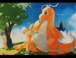 animal_focus blue_sky claws closed_mouth clouds commentary_request dragon dragon_wings dragonite gholdengo highres horns letterboxed nagakura_(seven_walkers) no_humans pokemon pokemon_(creature) single_horn sitting sky tail tree wings 