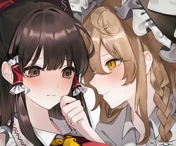  2girls blonde_hair braid brown_eyes brown_hair closed_mouth commentary_request embarrassed frilled_hair_tubes frilled_headwear frills hair_tubes hakurei_reimu hanaya_(fleur) hand_up heart heart_in_eye highres kirisame_marisa long_hair looking_at_another multiple_girls portrait single_braid symbol_in_eye tearing_up touhou trembling yellow_eyes yuri 