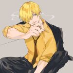  1boy black_jacket black_pants blonde_hair blue_eyes cigarette curly_eyebrows fish_(m8snknk) grey_background hair_over_one_eye holding holding_cigarette jacket jacket_on_shoulders looking_to_the_side male_focus necktie one_piece pants sanji_(one_piece) shirt simple_background sitting sleeves_rolled_up smile smoke yellow_shirt 