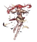  1girl arm_shield black_leggings breasts clenched_teeth damaged fire_emblem fire_emblem_awakening fire_emblem_heroes highres leggings long_hair medium_breasts non-web_source one_eye_closed red_eyes redhead severa_(fire_emblem) sheath solo sword teeth torn_clothes twintails weapon 