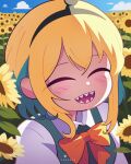  1girl amano_pikamee aqua_hair black_hairband blonde_hair bow closed_eyes commentary field flipherrrr flower flower_field hairband highres medium_hair multicolored_hair open_mouth orange_bow portrait sharp_teeth smile solo sunflower teeth two-tone_hair virtual_youtuber voms 