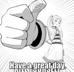 1girl capelet comedy drop_earrings earrings elf emphasis_lines english_commentary english_text frieren greyscale highres image_macro_(meme) impact_(font) jewelry meme monochrome pointy_ears shirt smile smug solo sousou_no_frieren thick_eyebrows thumbs_up twintails wanderjegson
