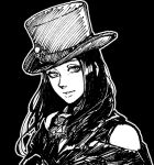  1other androgynous bare_shoulders guilty_gear guilty_gear_strive hat hat_ornament long_hair looking_at_viewer lowres monochrome mori_no_yousei other_focus simple_background skull_hat_ornament testament_(guilty_gear) top_hat upper_body 
