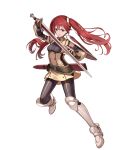  1girl arm_shield black_leggings breasts fire_emblem fire_emblem_awakening fire_emblem_heroes highres holding holding_sword holding_weapon leggings long_hair medium_breasts non-web_source red_eyes redhead severa_(fire_emblem) sheath solo sword twintails weapon 