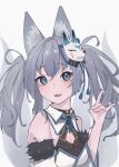  1girl :3 animal_ear_fluff animal_ears blue_eyes cleavage_cutout clothing_cutout detached_sleeves eyeliner facial_mark fang fox_ears fox_girl fox_mask fox_shadow_puppet fox_tail fur-trimmed_sleeves fur_trim grey_background grey_hair hand_up highres inari_iroha long_hair looking_to_the_side makeup mask multicolored_hair multiple_tails noripro open_mouth red_eyeliner sayachan_1210 simple_background smile solo streaked_hair tail twintails upper_body 