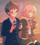  1boy 1girl brown_hair brown_jacket collared_shirt danganronpa_(series) danganronpa_3_(anime) formal hair_ornament handheld_game_console happy highres hinata_hajime holding holding_handheld_game_console hope&#039;s_peak_academy_school_uniform jacket long_sleeves marumi_(mementmori44) medium_hair nanami_chiaki neck_ribbon necktie official_alternate_costume open_clothes open_jacket open_mouth playing_games ribbon school_uniform shirt short_hair skirt smile spaceship_hair_ornament white_shirt 