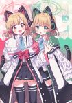  2girls :3 :o animal_ear_headphones animal_ears black_skirt black_thighhighs blonde_hair blue_archive blue_necktie blush bow cat_ear_headphones cat_tail coat collared_shirt commentary fake_animal_ears fake_tail frilled_skirt frills green_bow green_eyes green_halo hair_bow halo hand_up headphones high_speed_gensou_chuun highres long_sleeves looking_at_viewer low-tied_sidelocks midori_(blue_archive) momoi_(blue_archive) multiple_girls necktie off_shoulder open_clothes open_coat open_mouth pink_eyes pink_halo pleated_skirt red_bow shirt shirt_tucked_in short_hair siblings sisters skirt sleeves_past_fingers sleeves_past_wrists smile suspenders symbol-only_commentary tail thigh-highs twins v-shaped_eyebrows white_coat white_shirt wide_sleeves wing_collar zoom_layer 