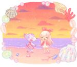  2girls :d ^_^ animal_crossing beach blunt_bangs blush cardigan closed_eyes closed_mouth clouds commentary_request conch coral deer_girl diana_(animal_crossing) dress dusk eyelashes furry furry_female gem hair_ribbon horizon long_hair long_sleeves moai_(aoh) multiple_girls ocean open_cardigan open_clothes open_mouth orange_sky outdoors pearl_(gemstone) pink_cardigan pink_dress pink_ribbon ribbon sand sand_dollar scallop seashell shell sky sleeveless sleeveless_dress smile standing twilight villager_(animal_crossing) walking water white_dress white_hair 