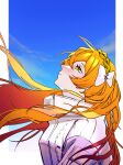  1girl absurdres bow brown_hairband hair_bow hairband highres ishmael_(project_moon) jacket limbus_company long_hair looking_up orange_eyes orange_hair project_moon sekisei_mg sidelocks sky solo upper_body very_long_hair white_bow white_jacket 