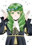  1girl absurdres arms_up blue_flower commentary_request drill_hair fire_emblem fire_emblem:_three_houses flayn_(fire_emblem) flower green_eyes head_wreath highres looking_at_viewer midori_no_baku simple_background smile solo teeth upper_body white_background 