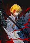  1boy aiguillette ascot black_ascot blonde_hair blood blood_on_face cape clenched_teeth gauntlets highres jacket limbus_company pants project_moon shan23852196 sinclair_(project_moon) solo teeth white_cape white_jacket white_pants yellow_eyes 