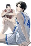  1boy aged_down basketball_jersey basketball_uniform beaker_pour black_eyes black_hair closed_mouth feet_out_of_frame hand_on_own_face highres knee_pads looking_at_another looking_at_viewer looking_back male_focus mitsui_hisashi multiple_views on_floor red_shorts red_tank_top short_hair shorts simple_background single_knee_pad sitting slam_dunk_(series) smile sportswear squatting tank_top time_paradox toned toned_male white_background white_shorts white_tank_top 