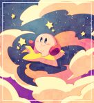  blue_background blue_eyes blush_stickers checkered_background closed_mouth clouds colored_skin commentary_request kirby kirby_(series) looking_at_viewer no_humans pink_skin red_footwear riding shirushiki shoes sitting sky smile solo star_(sky) star_(symbol) starry_sky warp_star 
