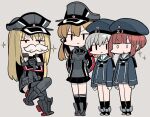  :&lt; arms_behind_back bismarck_(kancolle) black_socks black_thighhighs blonde_hair blue_dress blue_sailor_collar blunt_bangs chibi closed_mouth crossed_arms dress fake_facial_hair fake_mustache grey_background grey_hair hair_ribbon hat kantai_collection kneehighs long_hair long_sleeves military_hat military_uniform monaka_ooji multiple_girls parted_lips peaked_cap pleated_skirt prinz_eugen_(kancolle) ribbon sailor_collar sailor_dress short_dress short_hair simple_background skirt socks sparkle thigh-highs uniform z1_leberecht_maass_(kancolle) z3_max_schultz_(kancolle) 