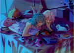  bedroom blue_hair book cat chromatic_aberration commentary cupcake english_commentary food getou_suguru gojou_satoru highres honkai:_star_rail honkai_(series) imnotxreitive indoors jujutsu_kaisen long_hair lying march_7th_(honkai:_star_rail) night on_bed on_stomach orange_eyes parted_lips pink_hair pink_tank_top plant plate polaroid potted_plant reading smile socks stelle_(honkai:_star_rail) striped striped_socks stuffed_animal stuffed_toy tank_top trailblazer_(honkai:_star_rail) yellow_socks 