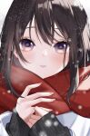  1girl absurdres asano_(tomoli_t) black_sweater brown_hair coat enpera hands_up highres long_sleeves original parted_lips red_scarf scarf sleeves_past_wrists snowing solo star-shaped_pupils star_(symbol) sweater symbol-shaped_pupils upper_body violet_eyes white_coat winter 
