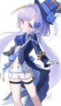 1girl 750x077 absurdres alternate_hairstyle ascot asymmetrical_gloves black_gloves blue_ascot blue_bow blue_brooch blue_coat blue_gemstone blue_headwear blush bow closed_mouth coat cosplay earrings flat_chest furina_(genshin_impact) furina_(genshin_impact)_(cosplay) garter_straps gem genshin_impact gloves gold_earrings hair_bow hat highres jewelry jiangshi kodona lolita_fashion long_hair long_sleeves looking_at_viewer mismatched_gloves ofuda_on_head outstretched_hand purple_hair qiqi_(genshin_impact) shirt short_shorts shorts signature sleeve_cuffs solo stud_earrings thigh_strap top_hat twintails violet_eyes white_background white_gloves white_shirt white_shorts 