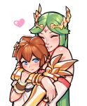  1boy 1girl artist_name blue_eyes blush bracelet brown_hair closed_eyes diadem dress english_commentary eyelashes gauntlets green_hair heart highres jewelry kid_icarus kid_icarus_uprising long_hair mariezone palutena pink_lips pit_(kid_icarus) short_hair simple_background smile upper_body white_background white_dress 