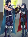  1girl 2boys ameno_(a_meno0) arm_tattoo asymmetrical_clothes bare_arms belt blue_eyes blue_hair book boots breasts brown_eyes cape chrom_(fire_emblem) coat fingerless_gloves fire_emblem fire_emblem_awakening gloves grin hair_between_eyes indoors long_hair long_sleeves lucina_(fire_emblem) multiple_boys pantyhose reaching reading robin_(fire_emblem) robin_(male)_(fire_emblem) short_hair sitting small_breasts smile standing symbol-shaped_pupils tattoo tiara torn_clothes tree white_hair window 