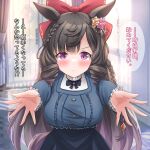  ... alternate_costume animal_ears black_hair blunt_bangs blurry blurry_background bow breasts casual closed_mouth commentary_request daiichi_ruby_(umamusume) drill_hair drill_sidelocks hair_bow hair_ornament horse_ears horse_girl incoming_hug liukensama long_hair looking_at_viewer medium_breasts ribbon sidelocks translation_request umamusume violet_eyes 