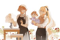  3girls apron bianka_durandal_ataegina black_apron blonde_hair blue_eyes collared_shirt hair_over_one_eye highres honkai_(series) honkai_impact_3rd long_hair mother_and_child multiple_girls rita_rossweisse shirt sweater wife_and_wife ylceon 