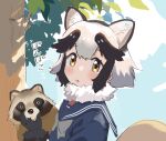  1girl animal_ears black_fur black_gloves blue_shirt blush bow bowtie brown_hair extra_ears fur_collar fur_trim gloves hair_between_eyes highres ieinu_account kemono_friends long_sleeves looking_at_viewer multicolored_hair orange_eyes raccoon_ears raccoon_girl raccoon_tail sailor_collar school_uniform serafuku shirt short_hair sidelocks solo tail tanuki tanuki_(kemono_friends) translation_request two-tone_hair white_bow white_bowtie white_fur white_hair 