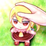  1girl absurdres blonde_hair closed_mouth commentary fang flandre_scarlet full_body fumo_(doll) grass headpat highres looking_at_viewer outdoors pov pov_hands red_eyes short_sleeves smile solo_focus star_shin touhou 