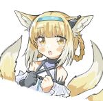  animal_ear_fluff animal_ears arknights az84997592 bare_shoulders black_gloves blue_hairband blush_stickers braid braided_hair_rings colored_tips commentary_request cropped_torso earpiece fox_ears fox_girl fox_tail gloves hair_rings hairband highres kitsune kyuubi multicolored_hair multiple_tails open_mouth oripathy_lesion_(arknights) single_glove solo suzuran_(arknights) tail twin_braids two-tone_hair white_hair yellow_eyes 