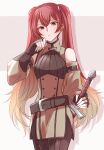  1girl belt belt_buckle black_gloves blonde_hair brown_belt buckle closed_mouth commentary detached_sleeves fingerless_gloves fire_emblem fire_emblem_awakening gloves gradient_hair hair_between_eyes highres holding holding_sword holding_weapon long_hair looking_at_viewer multicolored_hair red_eyes redhead severa_(fire_emblem) solo sword twintails twitter_username two-tone_hair very_long_hair weapon yutohiroya 