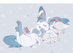  absurdres alternate_color animal_focus blue_bow bow closed_eyes commentary_request eevee fangs floppy_ears grey_background hideko_(l33l3b) highres lying no_humans on_back on_stomach open_mouth patterned_background pokemon pokemon_(creature) ribbon shiny_pokemon signature sleeping sylveon 