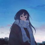  1girl :o black_coat black_eyes blue_hair blue_scarf blue_sky breath clouds cloudy_sky coat dark_blue_hair dini_illust double-parted_bangs enpera hands_in_pockets highres light_blush long_hair looking_at_viewer open_mouth original outdoors plaid plaid_scarf scarf sky solo standing star_(sky) starry_sky 