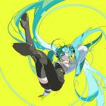  1girl absurdres black_pants blue_eyes blue_hair falling hatsune_miku highres jacket long_hair looking_at_viewer pants racing_miku smile solo thighs twintails very_long_hair vocaloid white_jacket yellow_background yoneyama_mai 
