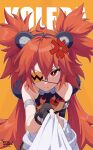  1girl absurdres ahoge anger_vein animal_ears armlet armpit_crease bare_shoulders bear_ears black_gloves breasts character_name eyepatch fake_animal_ears fingerless_gloves frown gloves highres koleda_belobog looking_at_viewer low_twintails midriff orange_eyes orange_hair pov rifyaa shirt_grab small_breasts sports_bra twintails zenless_zone_zero 
