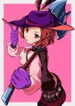  1girl ascot axe battle_axe black_feathers border brown_hair commentary feathers gloves hat_feather highres holding holding_axe holding_weapon looking_at_viewer okumura_haru outside_border parted_lips pekeponn persona persona_5 pink_background purple_gloves purple_headwear short_hair simple_background solo violet_eyes weapon white_ascot white_border 