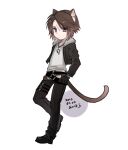  1boy animal_ears belt black_footwear black_gloves black_jacket black_pants blue_eyes boots brown_hair cat_boy cat_ears cat_tail chibi clenched_hand commentary_request cropped_jacket dated expressionless final_fantasy final_fantasy_viii fur-trimmed_jacket fur_trim gloves hiryuu_(kana_h) jacket jewelry long_sleeves male_focus multiple_belts necklace open_clothes open_jacket pants scar scar_on_face shirt short_hair signature simple_background solo squall_leonhart standing tail v-neck white_background white_shirt 